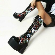 Womens Knee High Boots Punk Platform Chunky Heels Round Toe Lace Up Shoes Floral