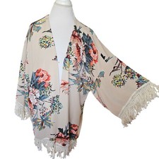 Umgee Size Large Cream Dark Floral Kimono Duster Fringe Boho Open Front Cardigan