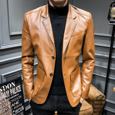 Men's Fashion Blazer Faux Leather Jacket Casual Formal Suit Coat Business  Slim | eBay