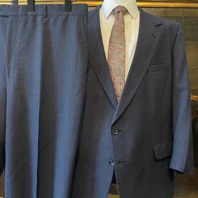 VTG Halston 48R 42 x 25 USA MADE 2pc Smoke Gray Windowpane 100% Wool 2Btn Suit