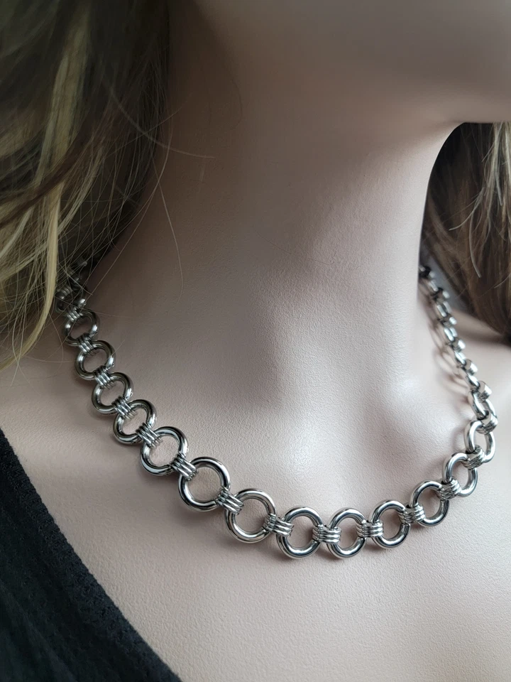 Collar industrial de acero inoxidable Rochet con eslabones de cadena circular punk para damas 22" Foto 3 de 4