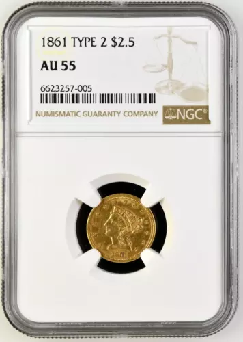 1861 Gold $2.5 Quarter Eagle Type 2 Reverse NGC AU55