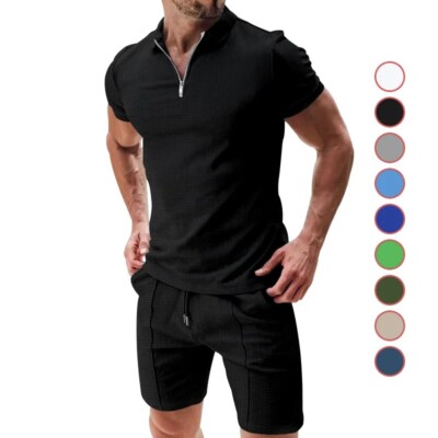 Herren Sommer-Set zwei Teilen-Polo-T-Shirt mit Reißverschluss + Shorts T-Shirt