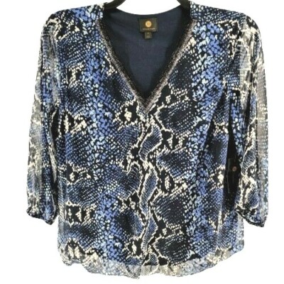 JM Collection Women Top V-Neck Snake Print Lined Billowy Fit Blouse Blue Size M 