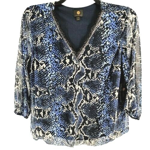 JM Collection Women Top V-Neck Snake Print Lined Billowy Fit Blouse Blue Size M - Picture 1 of 9