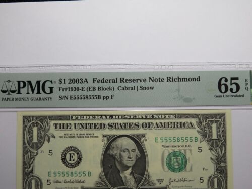 $1 2003 Near Solid Serial Number Federal Reserve Bank Note Bill UNC65 #55558555 - Picture 2 of 3