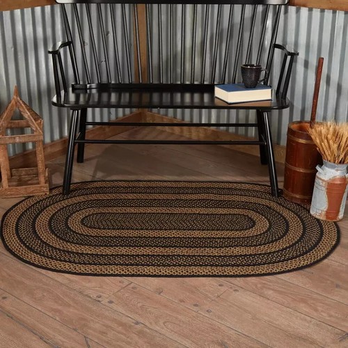 Black Tan Oval Braided Area Rug 36 x 60 Country Farmhouse Primitive Home - Picture 5 of 5