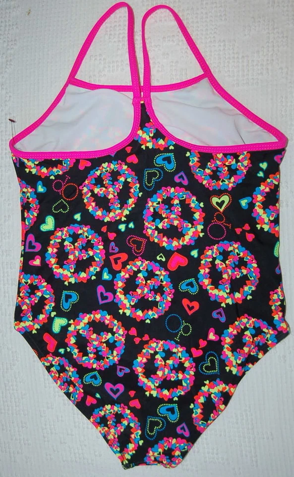 Girls One Piece Swimsuit BLACK PEACE SIGN Neon HOT PINK Hearts 14 1/2 PLUS - Image 2 of 2