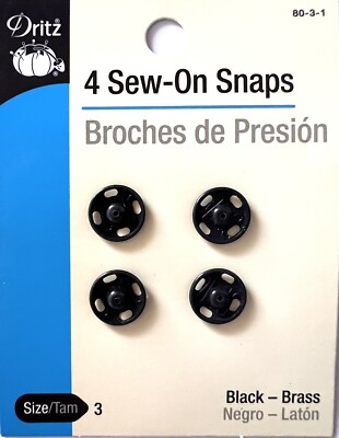 Dritz SIZE 3 Sew-On Snaps 80-3-1 Black Brass 4 Ct.  pack