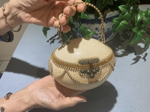 1976 FAUX pearls citrine JEWEL ENCRUSTED REAL OSTRICH EGG SHELL HANDBAG purse - Picture 2 of 13