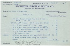 1909 Invoice, Rochester Electric Motor Co, Engineers And Manufacturers, New York