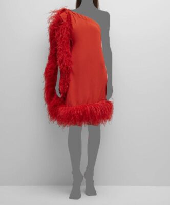 $1897 Cult Gaia Women's Red Feather-Trim One-Shoulder Myrtle Shift Dress Size M