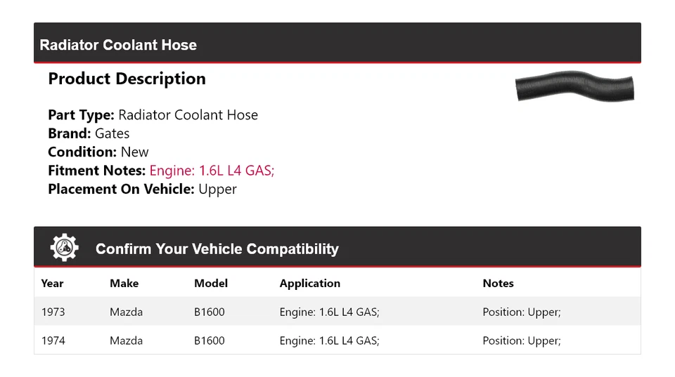 Manguera de refrigerante de radiador de gas para Mazda B1600 1973-1974 1,6 L L4 puertas superiores Foto 2 de 4