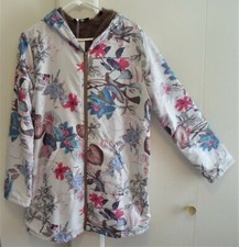 E. Retro Sz. L Womens Floral Zip Front Lightweight Hooded Lined Jacket Poly Nwt