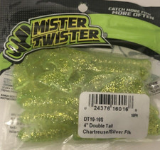 Mister Twister #DT10-10S 4"Double Tail Grub Chartreuse & Silver Flake-1pk 10pcs