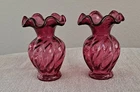 Fenton - Cranberry, 5 1/4"  Swirl Melon Vase, # 1214 CC, Ruffled Rim,  Set Of 2