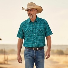 Wrangler Pearl Snap Western Shirt Mens XL Blue Plaid Short Sleeve Y2K Cowboy