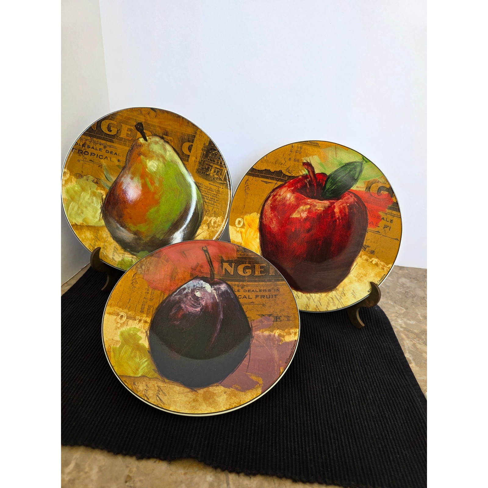 Pier 1 Imports Fruit Crate Set of 3 Plates Apple Pear Plum Decorative Only