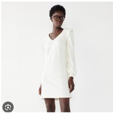 Nine West Cream V-Neck Ruffle Shoulder Long Sleeve Mini Dress XS Cotton Blend