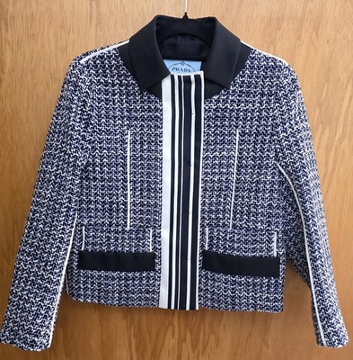 PRADA Tweed Jacke Kurzjacke - Gr. 38 - Blau/Weiß/Schwarz - Business Freizeit