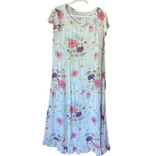 Karavan Light Blue Vintage Floral Sheer Lined Flutter Sleeve Dress Size Large