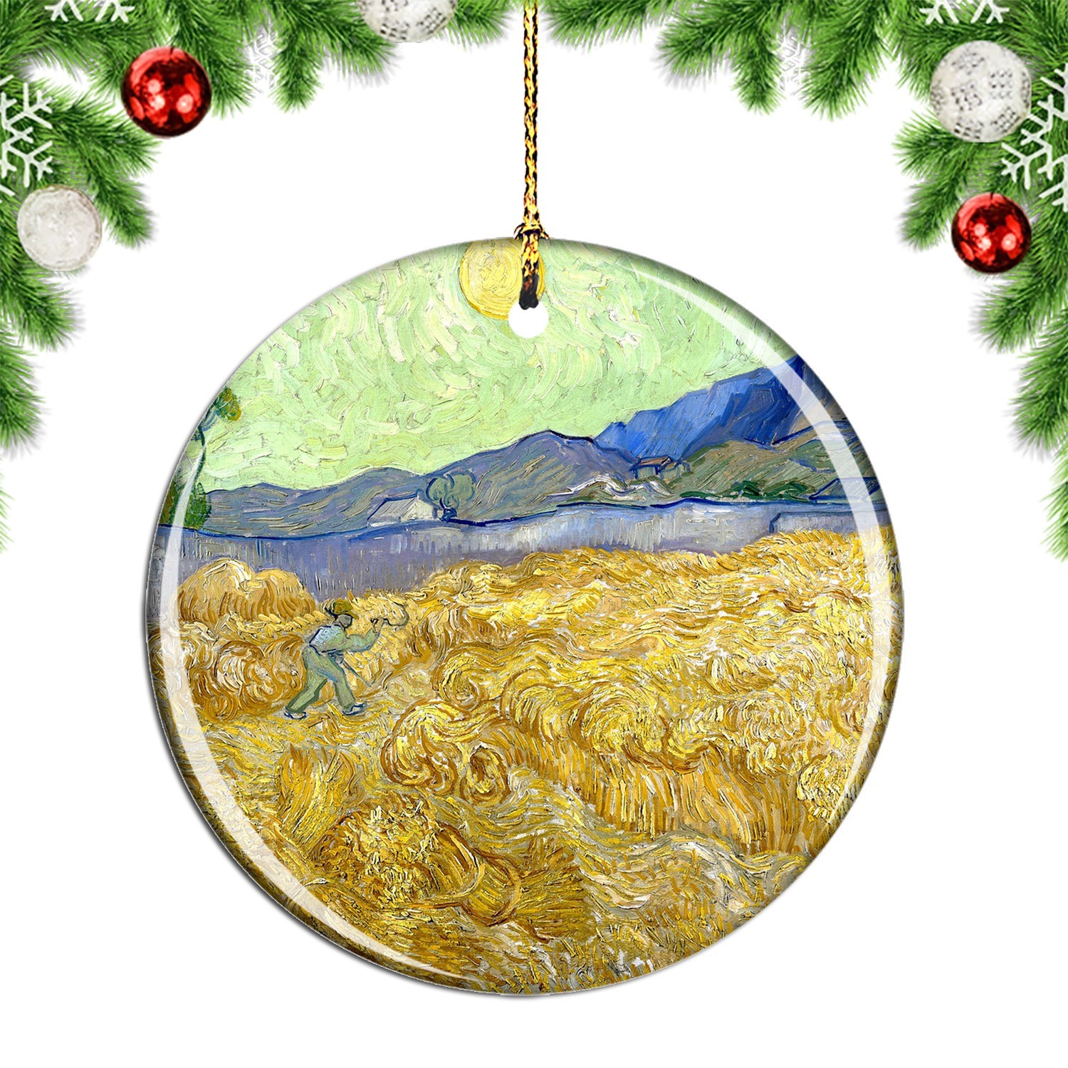 Van Gogh Wheat Fields With Reaper At Sun Christmas ornament city travel souvenir