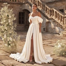 Simple Wedding Dresses Off Shoulder Pleat V Neck High Split Satin Bride Gowns