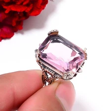 Pink Kunzite Solitaire Gemstone Handmade 925 Sterling Silver Ring S.8 R96810