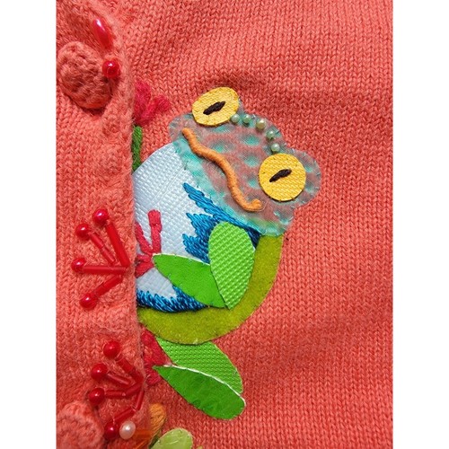 Michael Simon Salomon Colored Cardigan Sweater With Beaded Green Frogs Size M - Picture 3 of 13