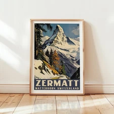 Zermatt Matterhorn Poster – Vintage Swiss Alps Wall Art, Retro Travel Print