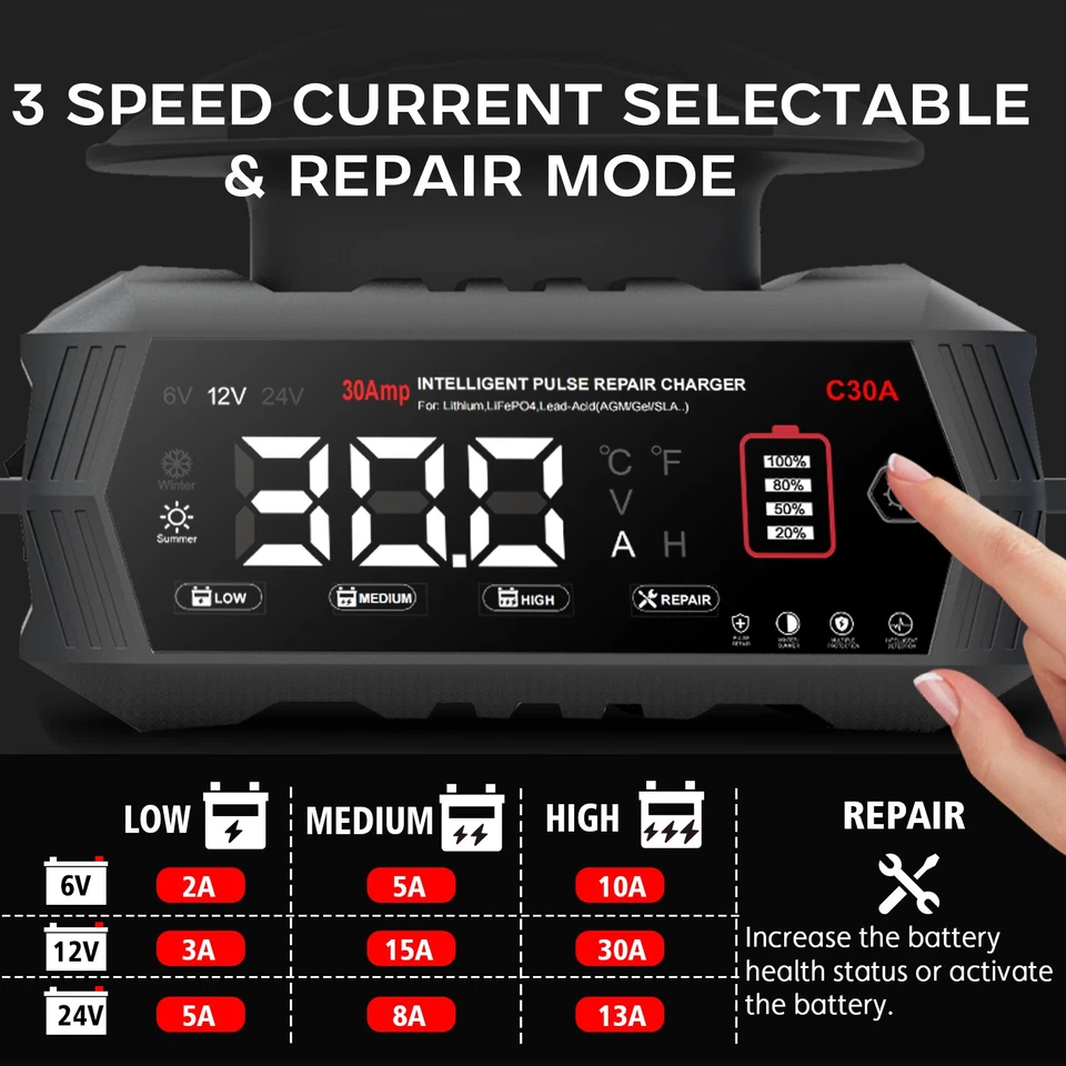 30-Amp Car Battery Charger,6V/12V/24V Smart Automatic Charger,Battery Maintainer Foto 4 de 4