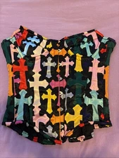 Cocoture Black Satin Corset Mardi Gras Holy Cross Design Size M