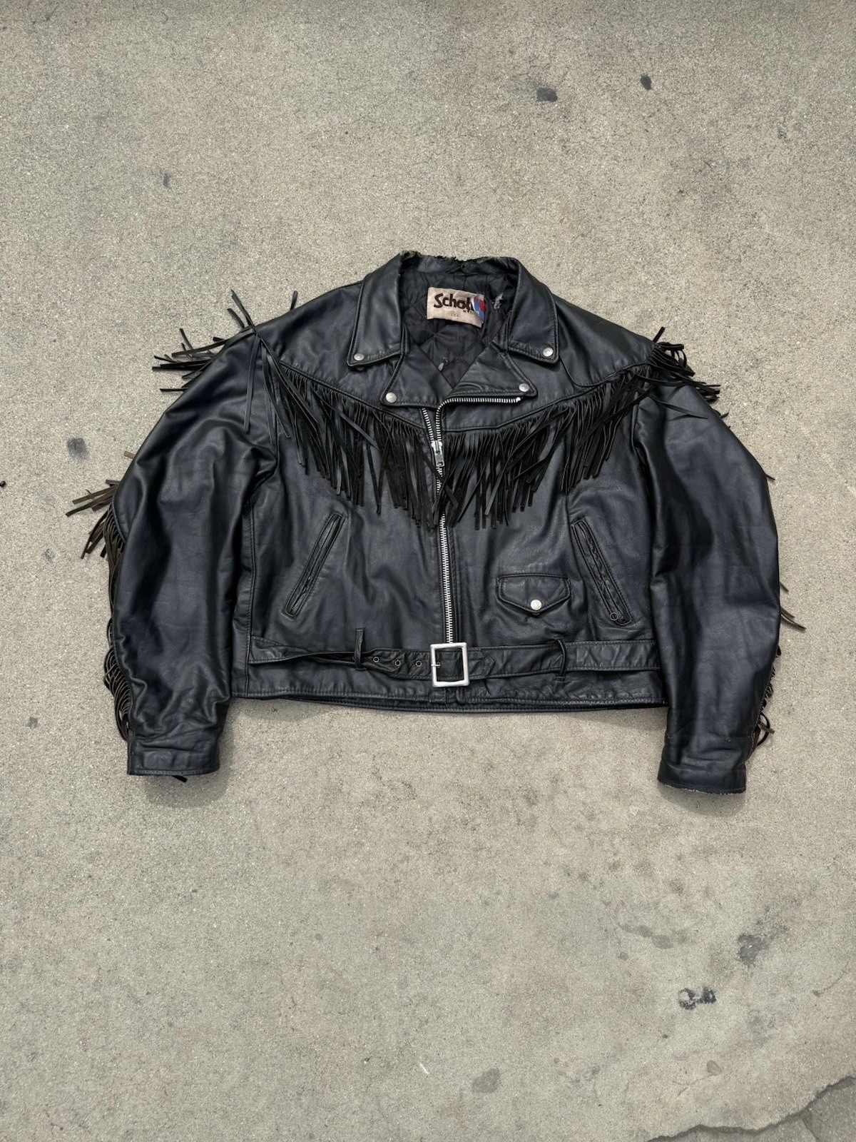 Schott NYC Leather Fringe Motorcycle Jacket Black Biker Western USA Made Size 50