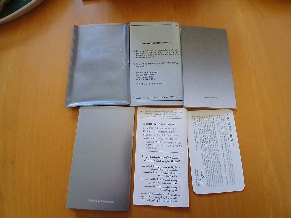 Tarjeta de garantía Longines 1992 de colección, folleto de instrucciones de servicio y funda