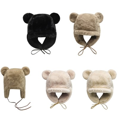 Casual Bear Ear Hat with Drawstring Plush Lei Hat All-match Warm for Winter