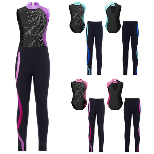 Kids Girls Dancewear Sport Outfit Shiny Set Leotard Mock Neck Performance Yoga - Picture 3 of 48