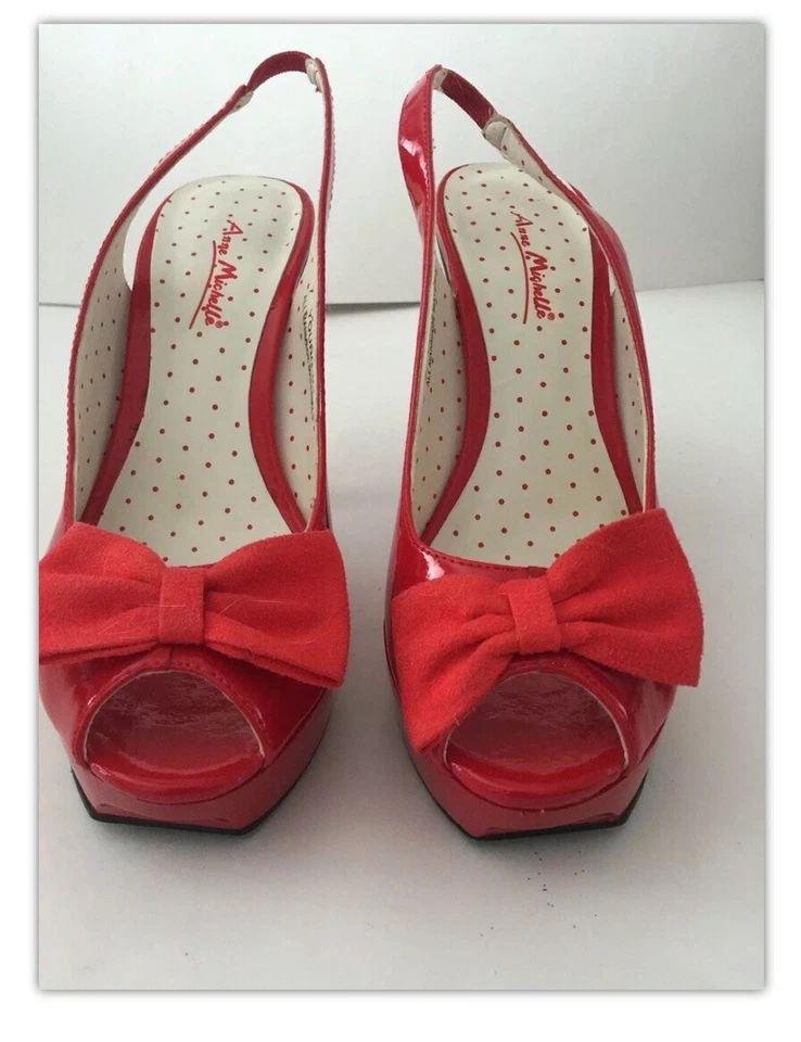 Zapatos de salón Ann Michelle rojo charol honda punta abierta con lazo tacones talla 7 Foto 4 de 4