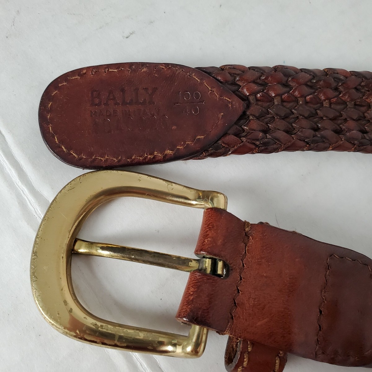 Bally Leather Woven Belt Size 36 Italy Brown Gold Hardware Basket Weave 10029 BALLY Brass Buckle Woven Braided Mens Brown Leather Belt  main image 3