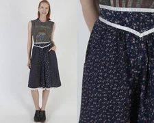 Vtg 70s Gunne Sax By Jessica McClintock Skirt Navy Waist Tie Calico Cottagecore
