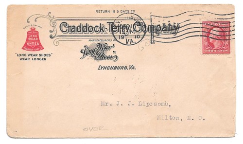 $ US Shoe Cover, Milton, NC., 12/17/1910, "Craddock-Terry Company"