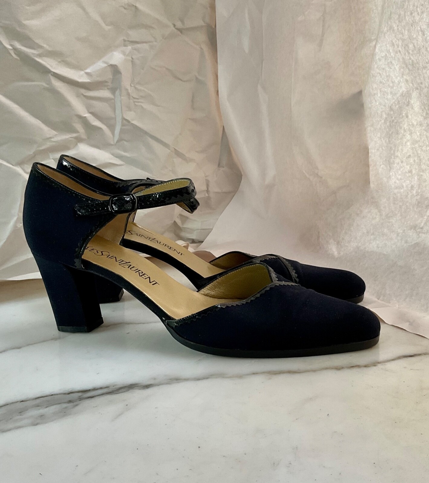 YVES SAINT LAURENT décolleté blu navy cross grain vintage mai indossate vintage 9 5 nuove con etichette