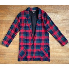 Vintage Long Plaid Blazer Womens Size Medium 1980s Red Tartan Woven Rayon Jacket
