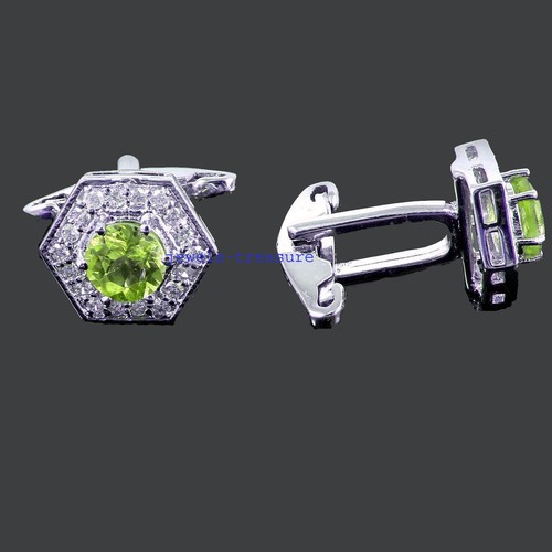Natural Peridot & CZ Gemstones with 925 sterling silver Cufflinks for Men's #776 - Picture 2 of 6
