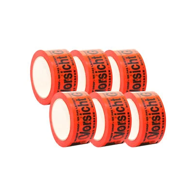SELMUNDO (0,04€/1m) 6 x 66m PVC-Packband, Warnband Klebeband Paketband "Vorsicht Glas"