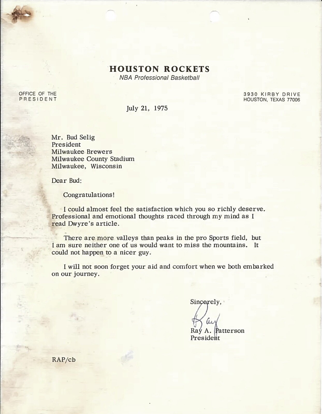1975 Houston Rockets Ray Patterson President Letter Signed To Bud Selig MLB RARE