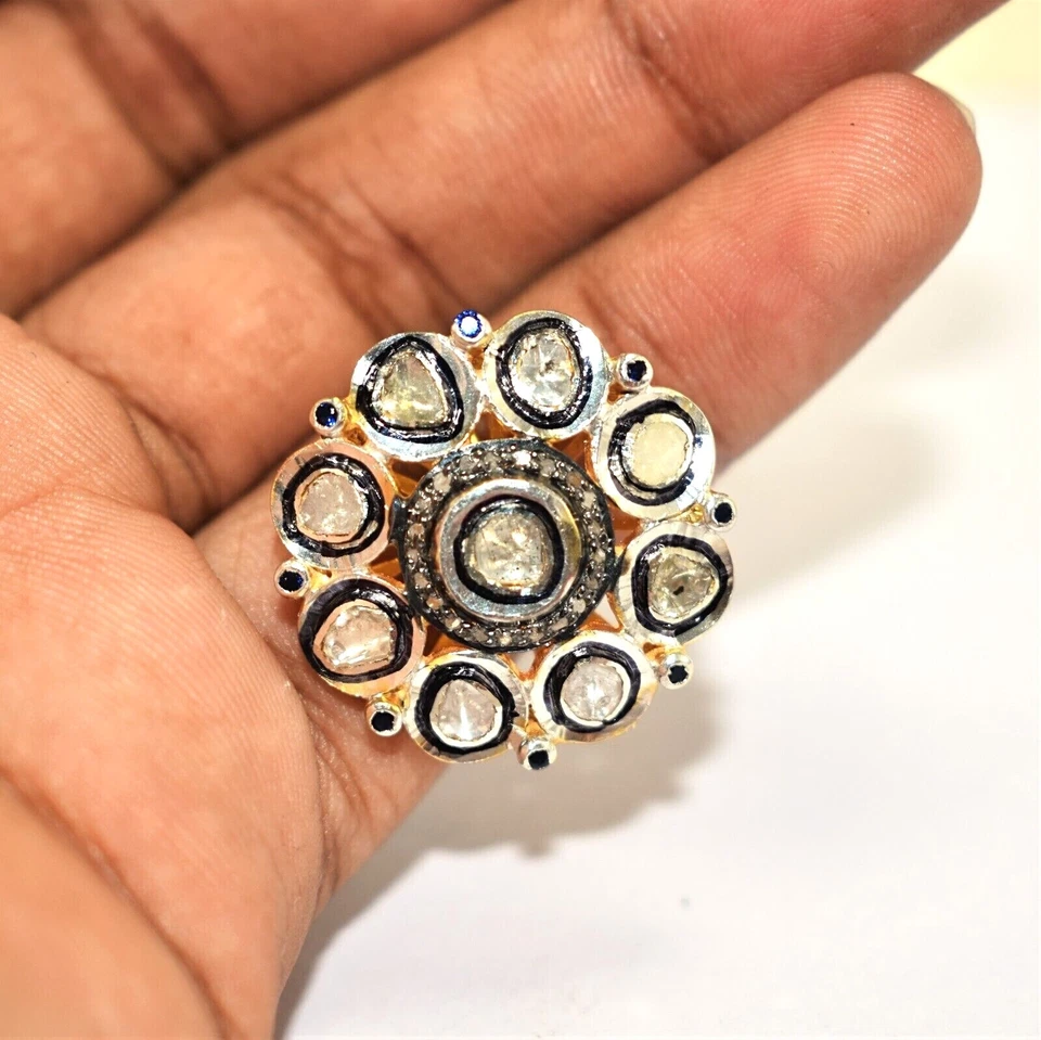 Polki Pave Diamond Ring 925 Sterling Silver Gold Plated Ring Christmas Gift - Image 2 of 4