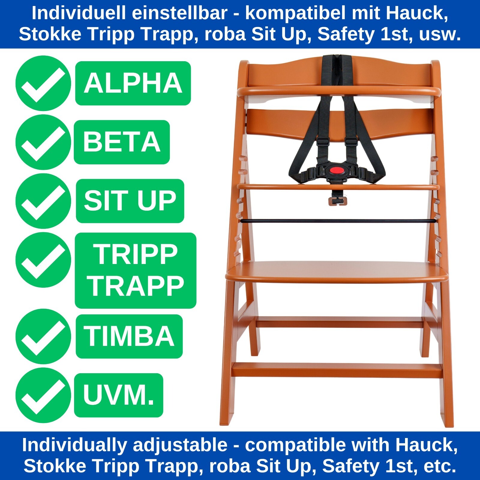 Hochstuhl Schrittgurt Holzbügel Sitz passend für Hauck Stokke Tripp Trapp Gurt