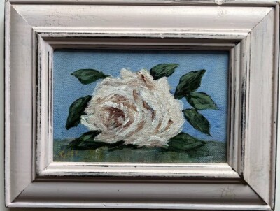 ARTIST UNKNOWN ''SIGNED'' MINIATURE FRAMED OIL ''SINGLE WHITE ROSE'' C 2000