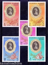 Fujeira 1971 MNH 5v, Mozart, Music Composer, Violin, Piano, Harp, Trumpe  