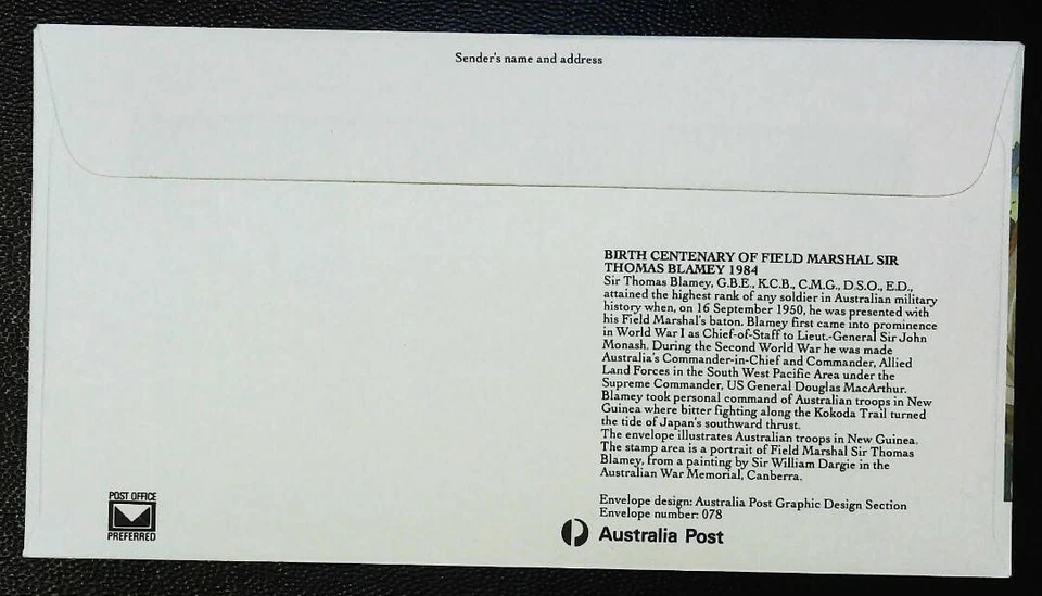 1984 PSE FDC Field Marshall Blamey with Australian War Memorial Postmark - Image 2 of 2